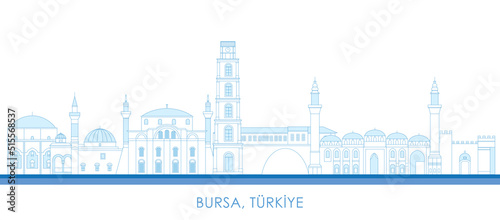 Outline Skyline panorama of city of Bursa, Turkiye - vector illustration