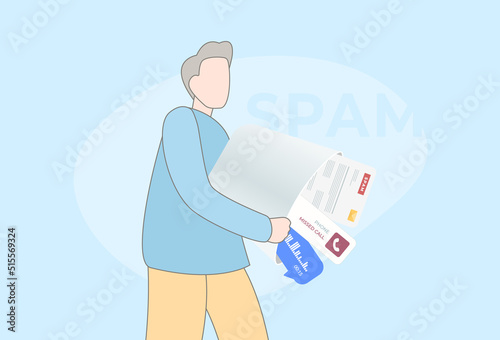 Spam messages concept illustration. Character shakes out spam irrelevant unsolicited malicious emails, notifications of unwanted promotional calls and voice messages with advertising from the bucket