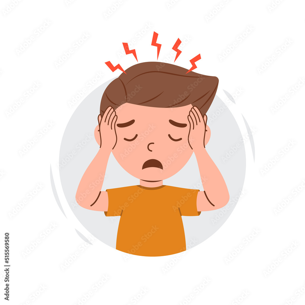 Flu disease signs and symptoms on kid boy character. Cartoon kid boy