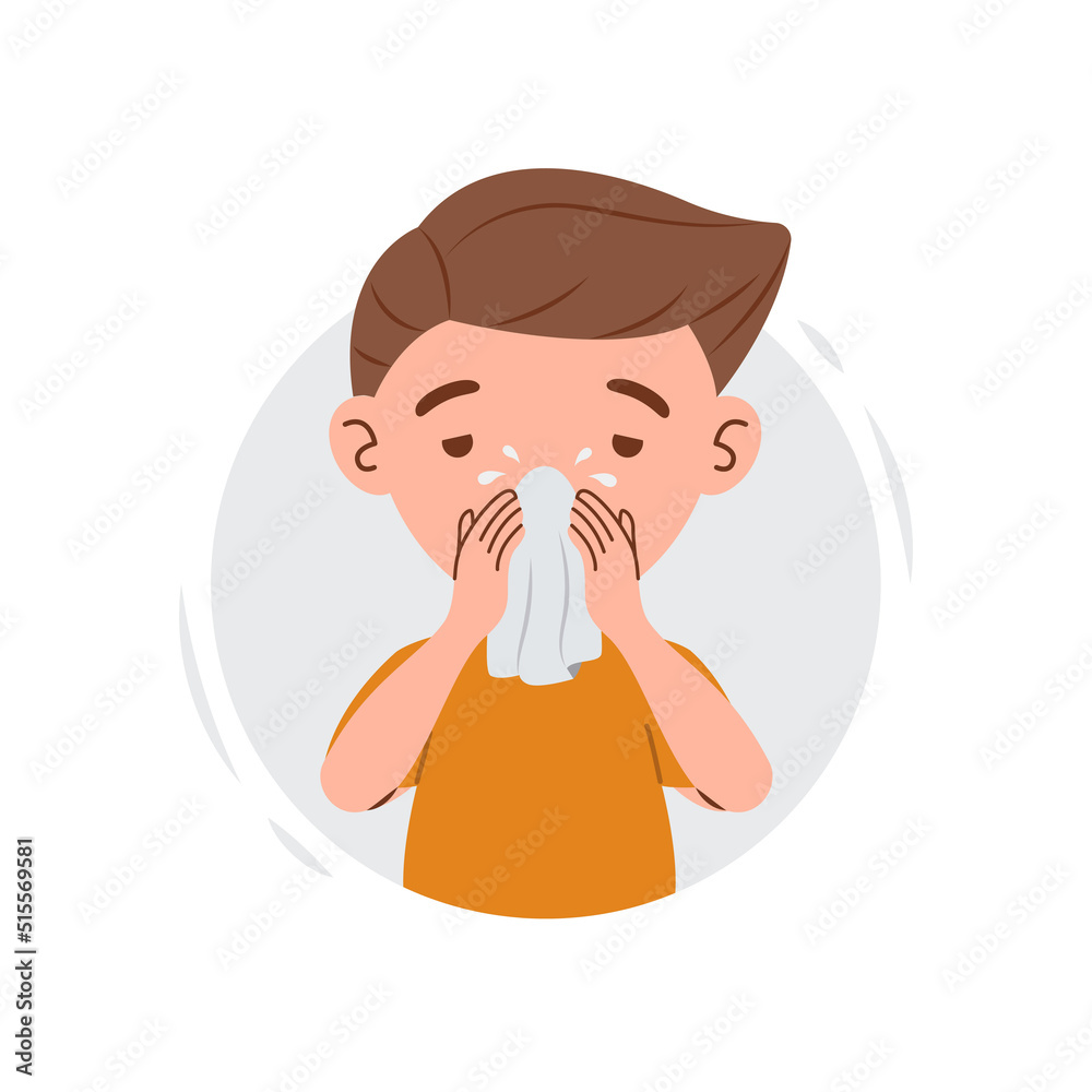 Flu disease signs and symptoms on kid boy character. Cartoon kid boy