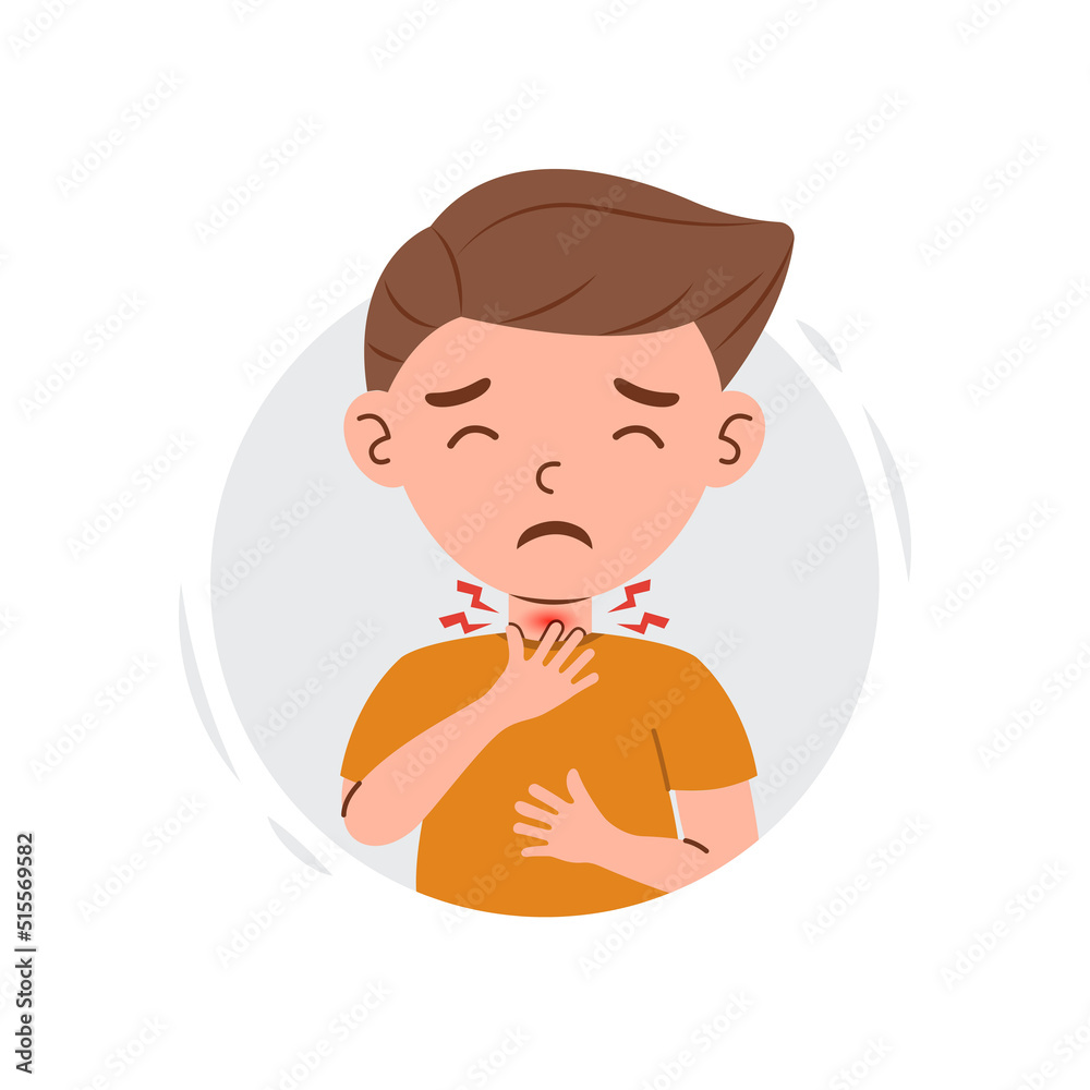 Flu disease signs and symptoms on kid boy character. Cartoon kid boy