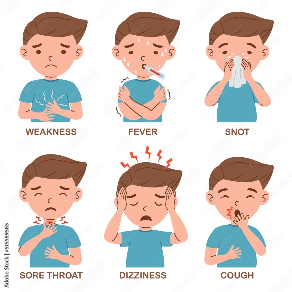 Flu disease signs and symptoms on kid boy character. Cartoon kid boy