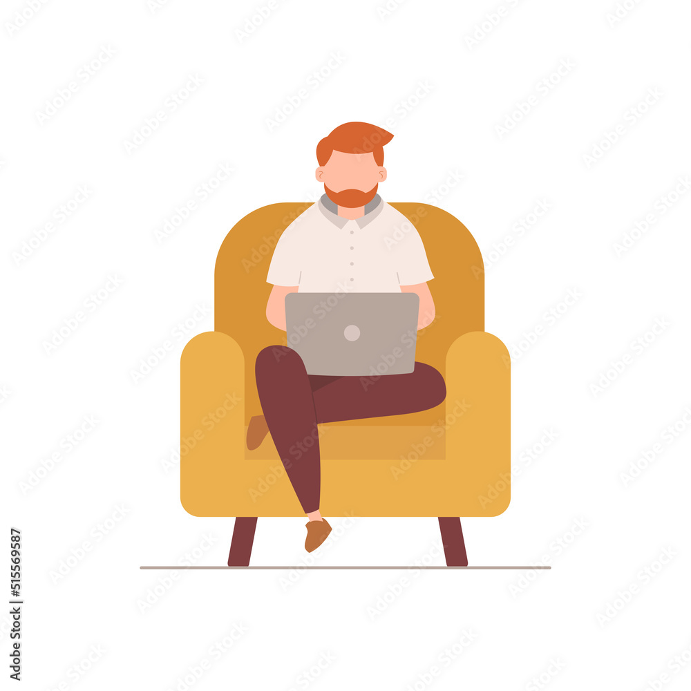 Happy person using laptop for working through internet at home vector illustration