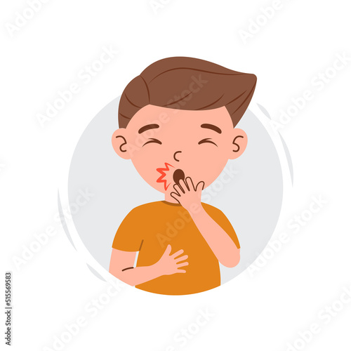 Flu disease signs and symptoms on kid boy character. Cartoon kid boy with fever, snot, cough, dizzy and sore throat vector illustration