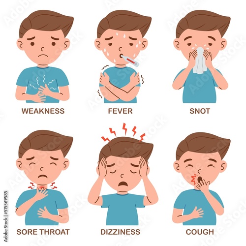 Flu disease signs and symptoms on kid boy character. Cartoon kid boy with fever, snot, cough, dizzy and sore throat vector illustration