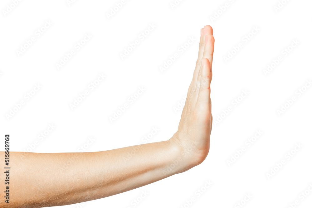 The hand shows a stop gesture. Stop gesture on a white background.
