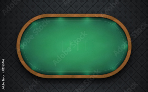 Poker table with realistic wooden frame, made of green textured cloth with illuminated borders on a dark background. Eps10 vector