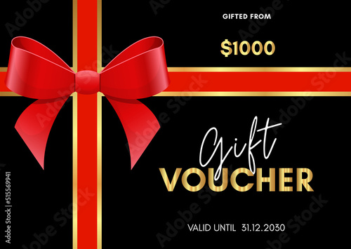 1000 Dollar Gift voucher template design with red bow isolated on black background. Red, Gold and black color. Discount gift coupons, special offer vouchers, gift certificates, and gift card.