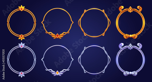 Silver and golden vintage game frames, ui medieval round borders of gold or steel metal with gems. Cartoon empty metallic bordering with gemstone, isolated design gui elements, Vector illustration set