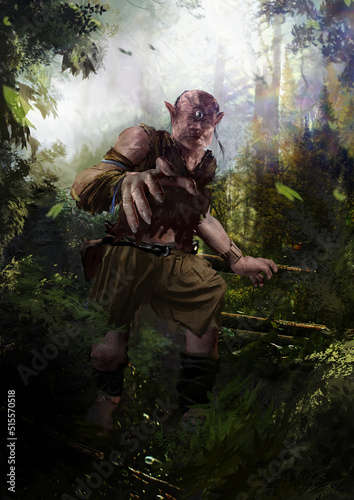 the mythological cyclops warrior stretches his arm forward. he is dressed in old tattered clothes. he is standing in a deep forest, the warm rays of the sun are breaking through the trees. 2d art photo