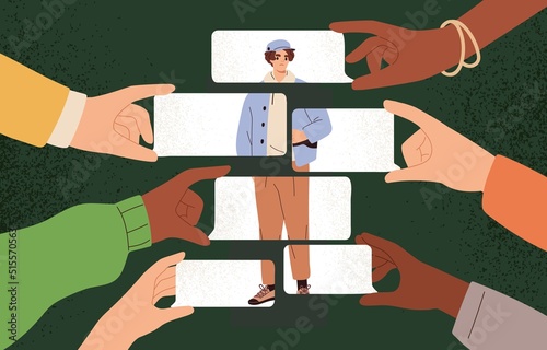 Sharing negative comments, bad opinions about person. Anonymous peoples judgments and gossips influence, dependence. Psychology concept of psychological assault, bullying. Flat vector illustration
