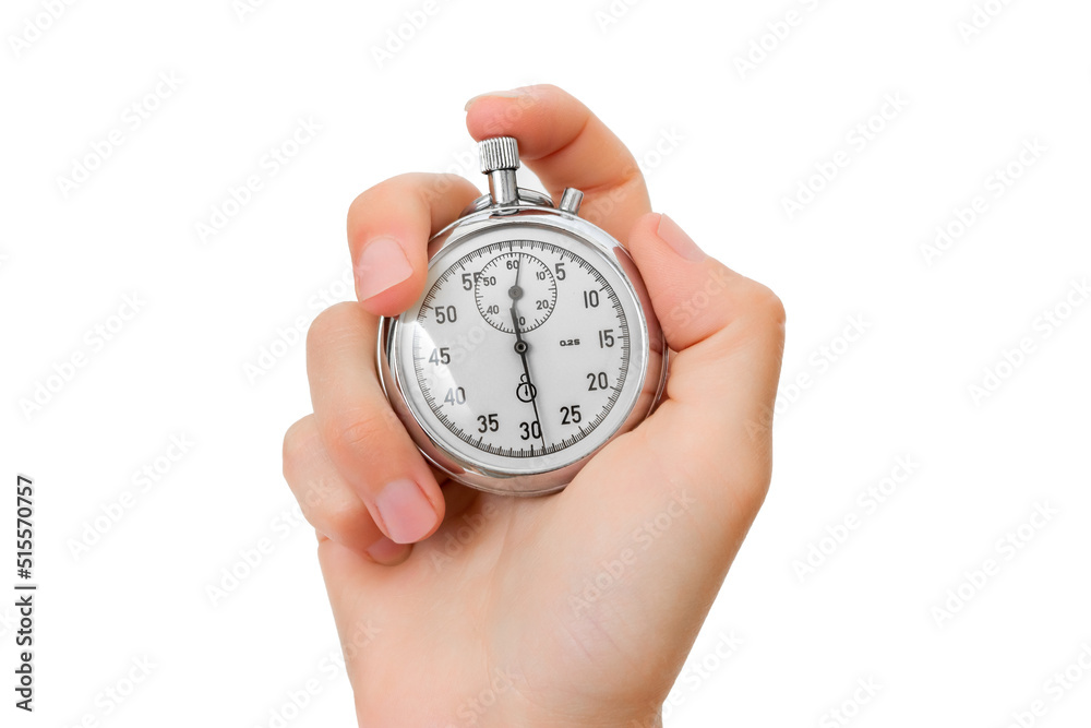 The human hand presses the stopwatch button. Chrome stopwatch in hand. The human hand presses the stopwatch button. Chrome stopwatch in hand.