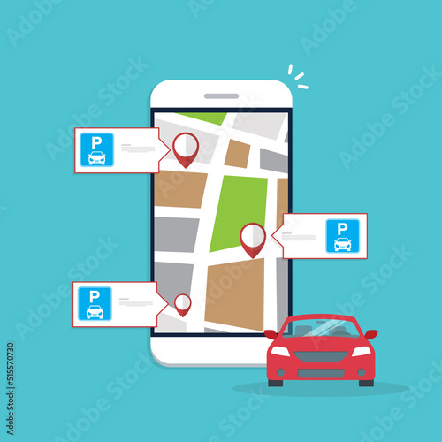 Online application for finding parking spaces, city parking. Smart city parking mobile app concept. Urban traffic technology.