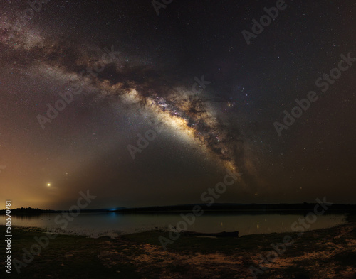 Panorama night sky milky way, star on dark background with noise and grain. selection focus.