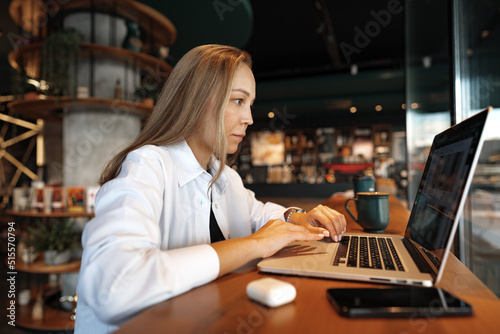 Young businesswoman sitting in a cafe and working with laptop