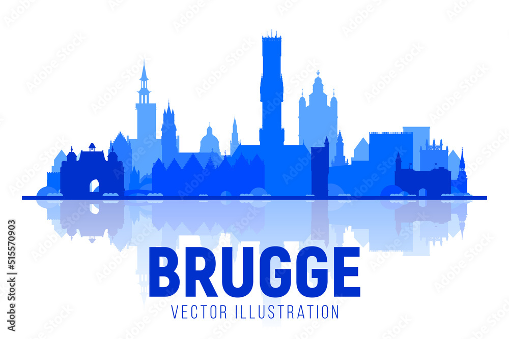 Obraz premium Bruges ( Brugge ) Belgium silhouette panorama on white background. Vector Illustration. Business travel and tourism concept with modern buildings. Image for banner or web site.