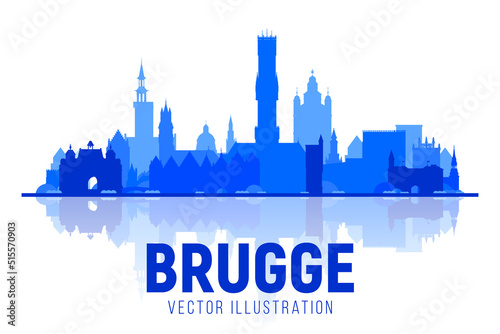 Bruges ( Brugge ) Belgium silhouette panorama on white background. Vector Illustration. Business travel and tourism concept with modern buildings. Image for banner or web site.