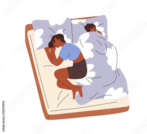Family couple sleeping in bed together. Dreaming black man and woman lying ba...