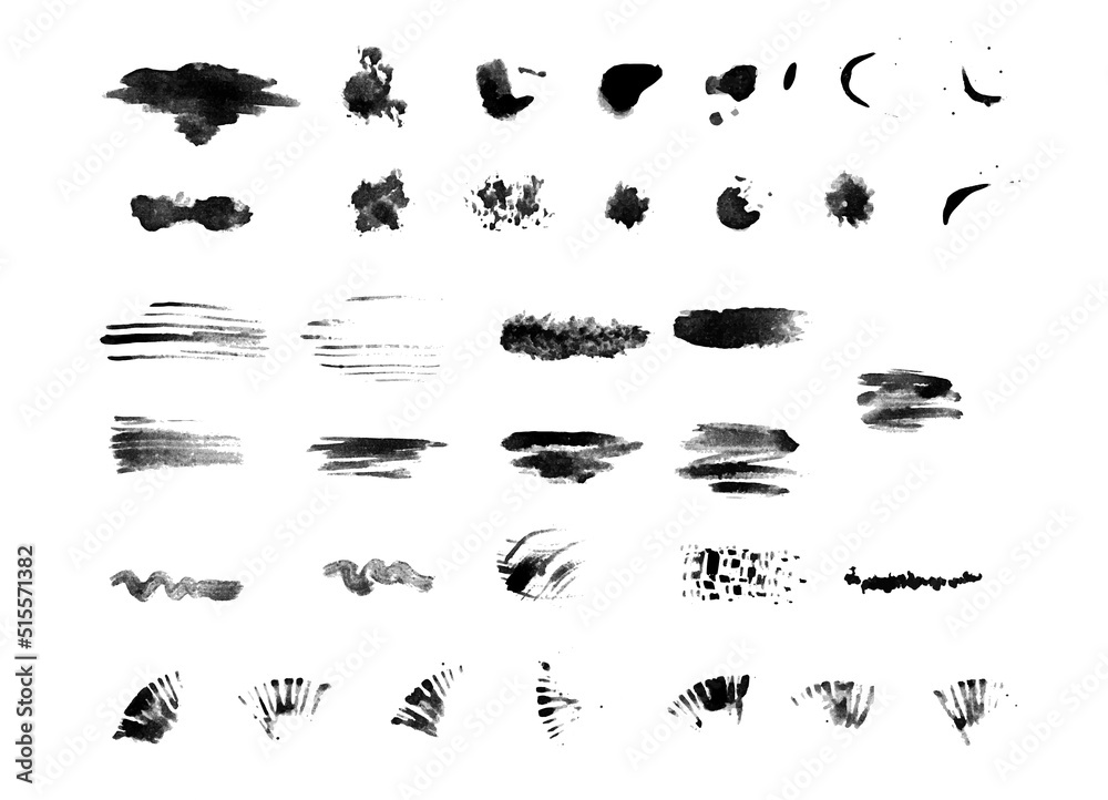 Fototapeta premium Set of vector blots. White background with spots for design. Ink stains and splashes. Vector black silhouettes.