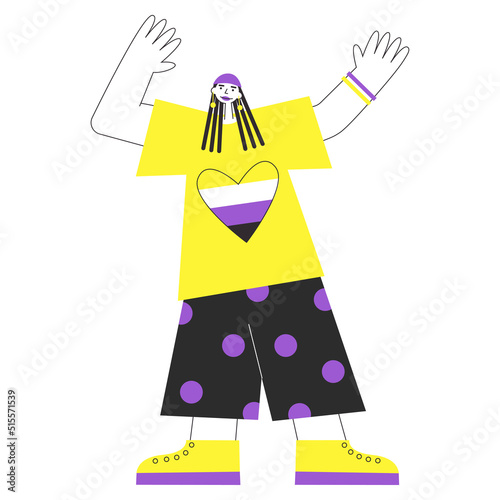 Non binary androgynous genderfluid person with pride symbols and flag. Queer male or female against lgbtq+ discrimination vector flat isolated illustration.
