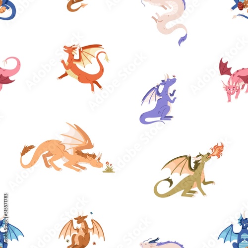 Seamless childish pattern with cute dragons. Kids background with funny fairy...