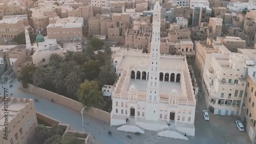 Aerial view of the Mosque Al-Muhdar Mosque or Al-Mihdar Mosque is one of the historical mosques in the ancient city of Tarim in the Yemeni province of Hadhramaut. photo