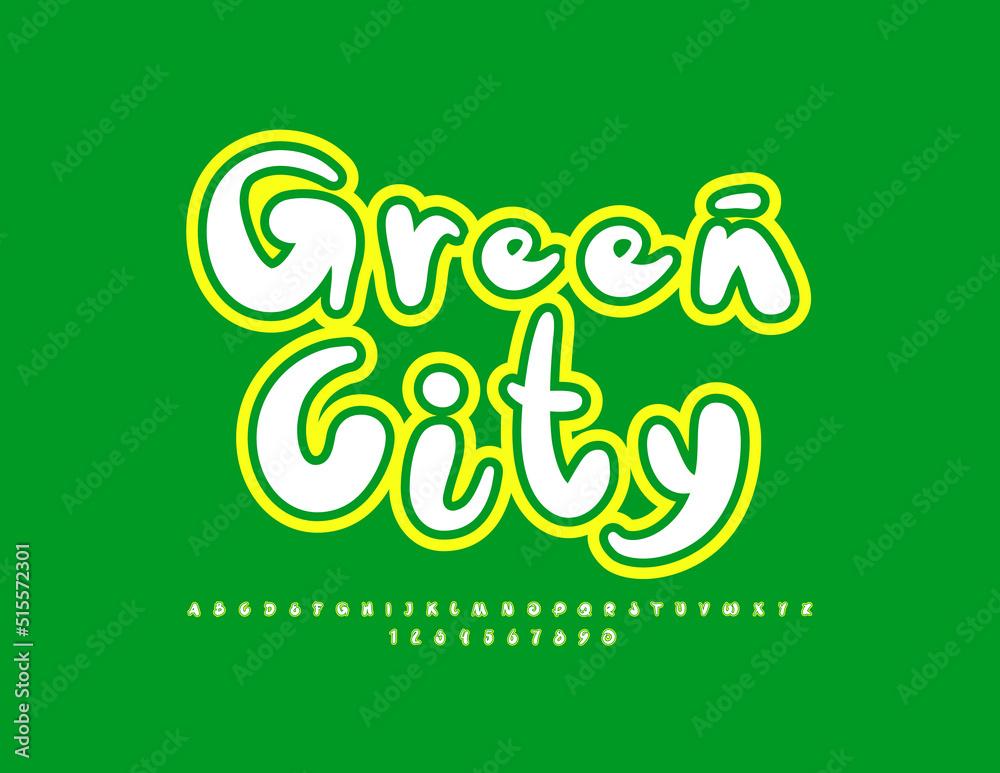 Naklejka premium Vector stylish sign Green City. Playful Green Font. Handwritten Alphabet Letters and Numbers
