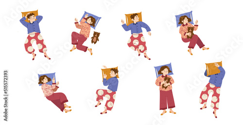 Children sleeping poses, little boys and girls wear pajama lying in bed top view. Nighttime relaxation, characters sleep with pillows and plush toys isolated Line art flat vector illustration, set