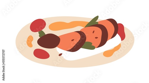 Meat dish served on plate with vegetables and sauces. Restaurant meal, dinner...