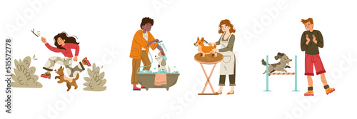 People care of dogs, owners fun and spend time with pets. Men and women, training, grooming, walking, bathing and playing with animals, characters love puppies, Linear flat vector illustration
