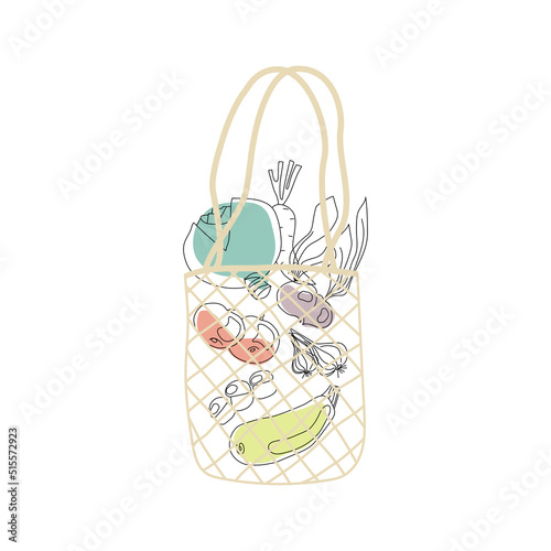 Vegetables in net eco bag. Reusable textile shopper with local market vegetables. Zero waste, plastic free, eco life.