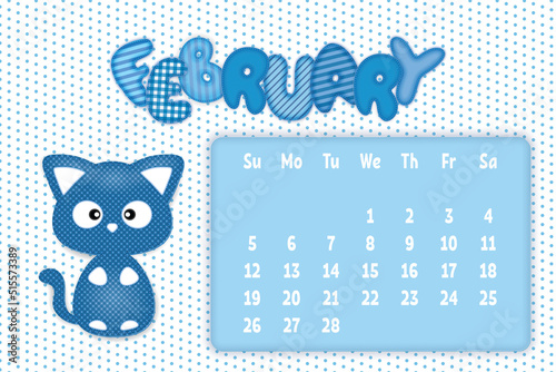 February 2023 Page for kids calendar in funny textile style with cartoon kitty. Children's horizontal wall calendar template