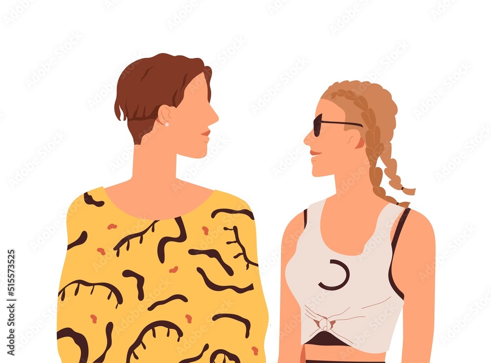 Love couple of young man and woman. Youth communication. Girl and guy meeting, looking at each other. Two people in romantic relationships. Flat vector illustration isolated on white background Love couple of young man and woman. Youth communication. Girl and guy meeting, looking at each other. Two people in romantic relationships. Flat vector illustration isolated on white background