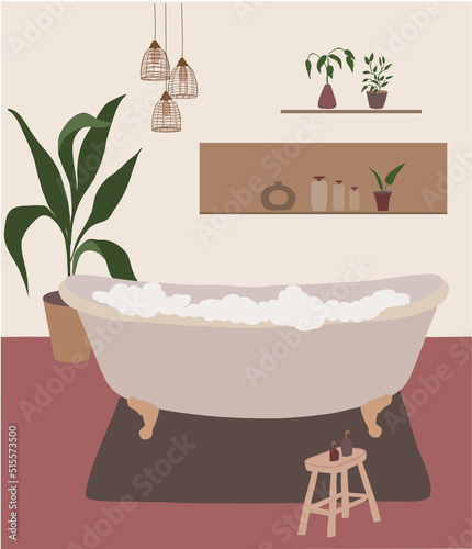 Bathroom interior illustration. Modern trendy minimal bathroom vector in boho design with plants and decorations