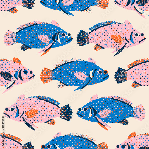 Colorful seamless pattern with fish. Vector cute background, print, wrapping paper