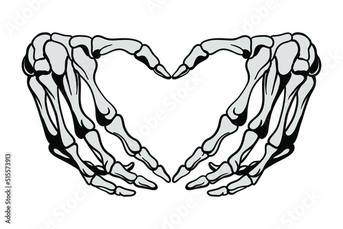 Skeleton hands howing heart shape. T-shirt print for Horror or Halloween. Hand drawing illustration isolated on white background. Vector EPS 10