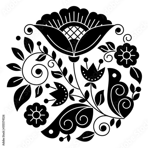 Scandinavian folk art flower vector black and white pattern, retro floral design in circle inspired by the traditional embroidery from Sweden
