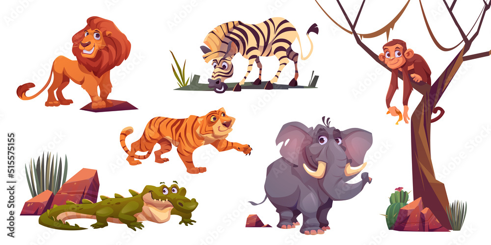 Cartoon wild animals tiger, monkey, zebra and lion with elephant and  crocodile. Jungle inhabitants predators and herbivorous in zoo or safari  park. Beasts in fauna, isolated vector illustrations set Stock Vector |