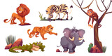 Cartoon wild animals tiger, monkey, zebra and lion with elephant and crocodile. Jungle inhabitants predators and herbivorous in zoo or safari park. Beasts in fauna, isolated vector illustrations set
