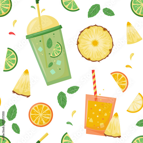 Vector seamless pattern with summer cocktails, juice and fruits. Summer holiday, vacation, travel. Background for summer concept, surface design, textile, print