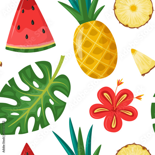 Vector seamless pattern with watermelon, pineapple, hibiscus flower and monstera leaf. Summer holiday, vacation, travel. Background for summer concept, surface design, textile, print