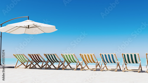 white sand and various color beach sunbed, 3d