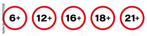 Toys Under Age Limit Forbid Pictogram. 6 12 16 18 21 Years Plus Red Stop Circle Symbol. Prohibited Child No Allowed Underage Sign. Age Plus Older Black Silhouette Icon. Isolated Vector Illustration