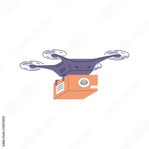 Automated delivery by flying drone. Smart copter with food box, cardboard package delivering parcel by air. Future unmanned robot courier. Flat vector illustration isolated on white background