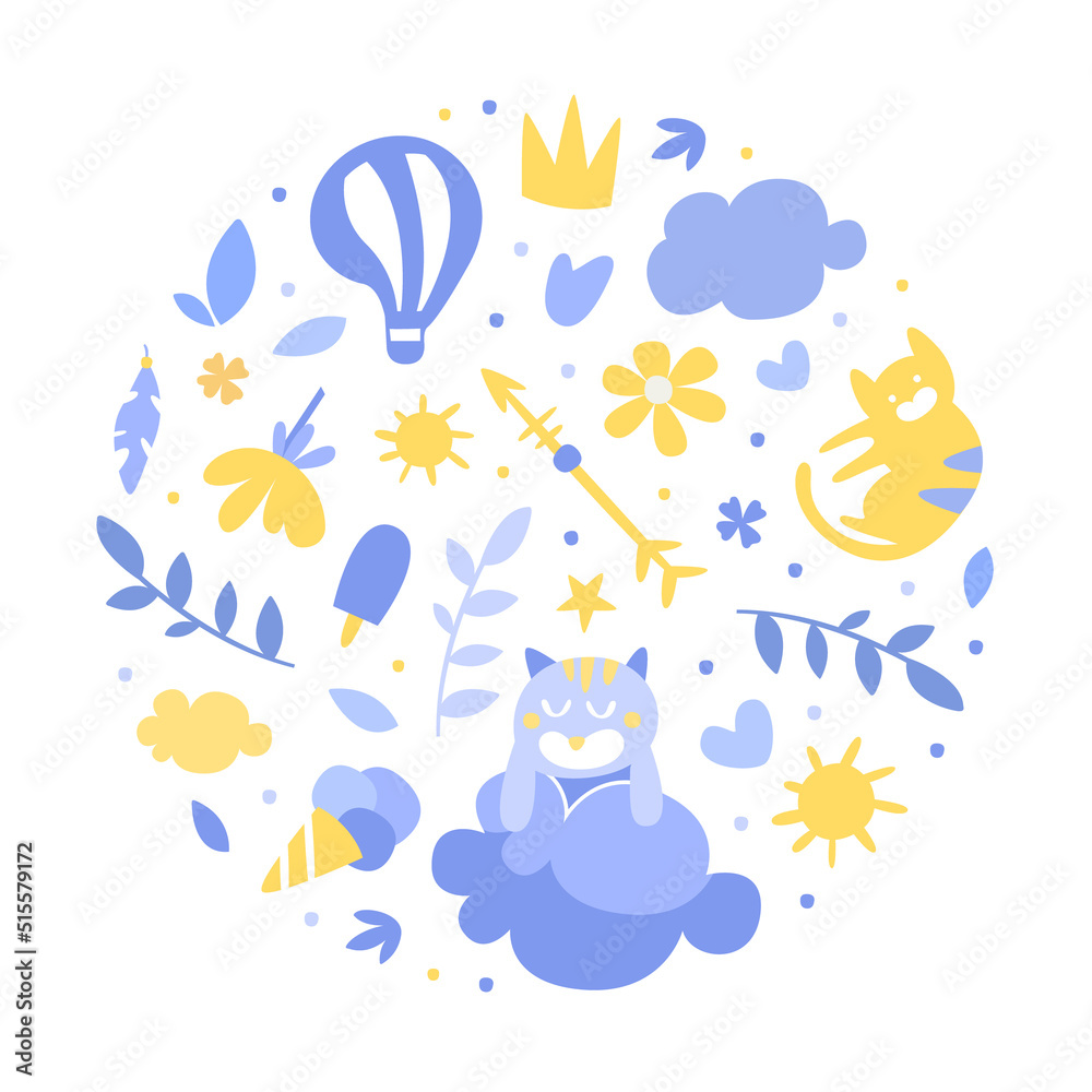 Obraz premium Cute Nursery Design with Blue Lovely Childish Elements Arranged in Round Vector Composition