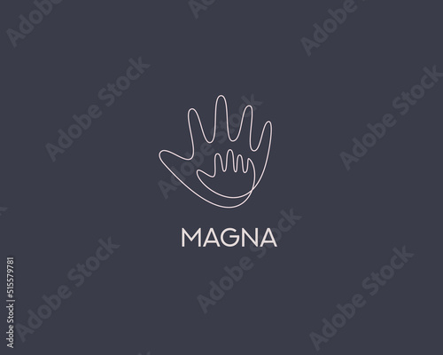 Abstract kid hand and a big adult hand icon logo design template. Premium line art care, support, maternity vector sign symbol mark logotype isolated on dark background.