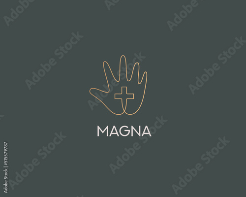 Graceful Christian cross in the palm logo design. Luxury thin continuous line vector religion, faith, holy vector sign logotype
