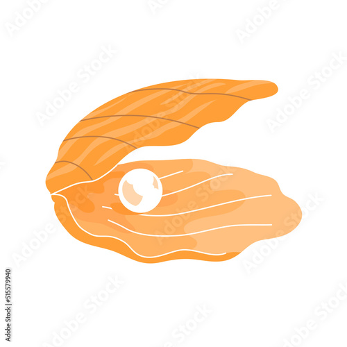 Seashell with pearl. Marine underwater twisted shell. Undersea mollusc. Decoration for women. Flat vector illustration isolated on white background