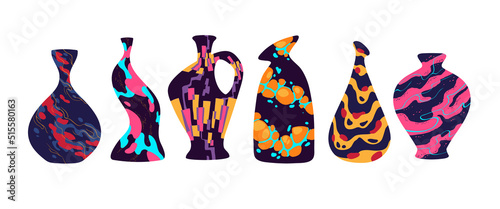 Contemporary ceramic vases, modern jugs, pots. Home decoration, porcelain pottery with colorful paintings. Decorative elements, collection for interior design, Cartoon vector illustration, icons set