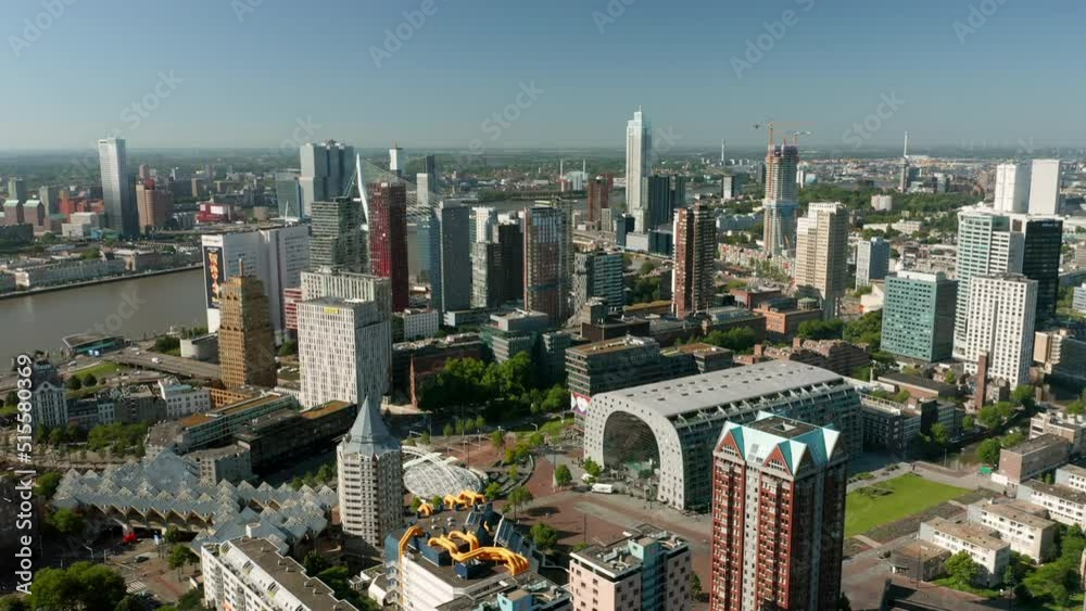 Panorama Of Rotterdam Skyline And Nieuwe Maas At Daylight In Netherlands. - aerial pullback